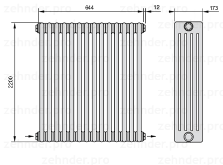 Схема (чертеж) Радиатор Zehnder Charleston 5220/14 №2670 Белый глянцевый RAL 9016